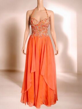 Sparkle Coral Embellished Halter Lace-Up Corset Gown